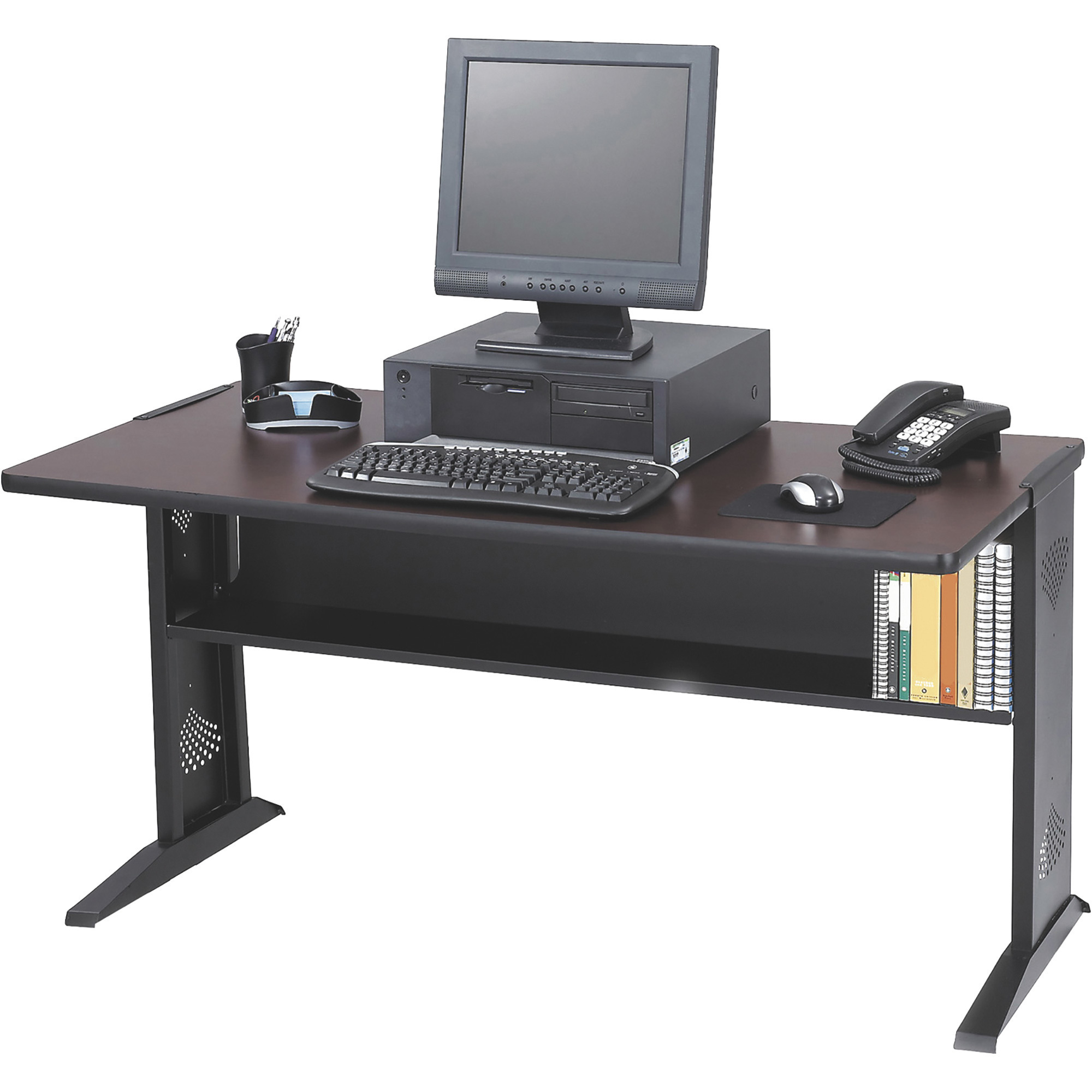 Safco 48in. Reversible Top Mobile Computer Desk, Mahogany and Oak, Model# 1931